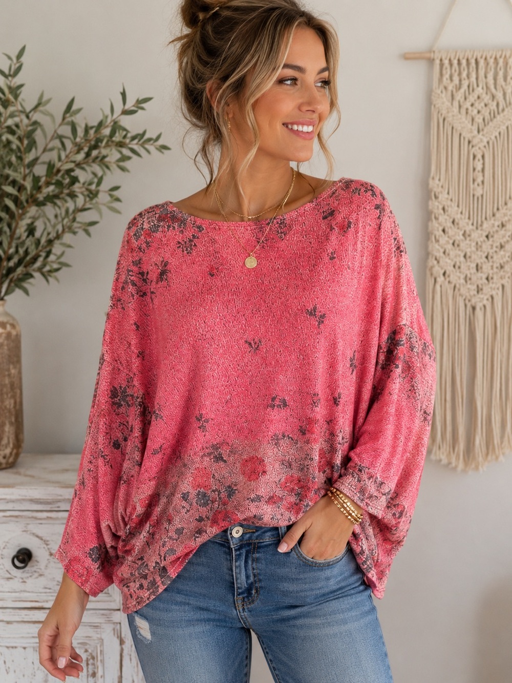 Pink Floral Dolman Sleeve Boho Top Oversized Stretch Batwing Blouse M